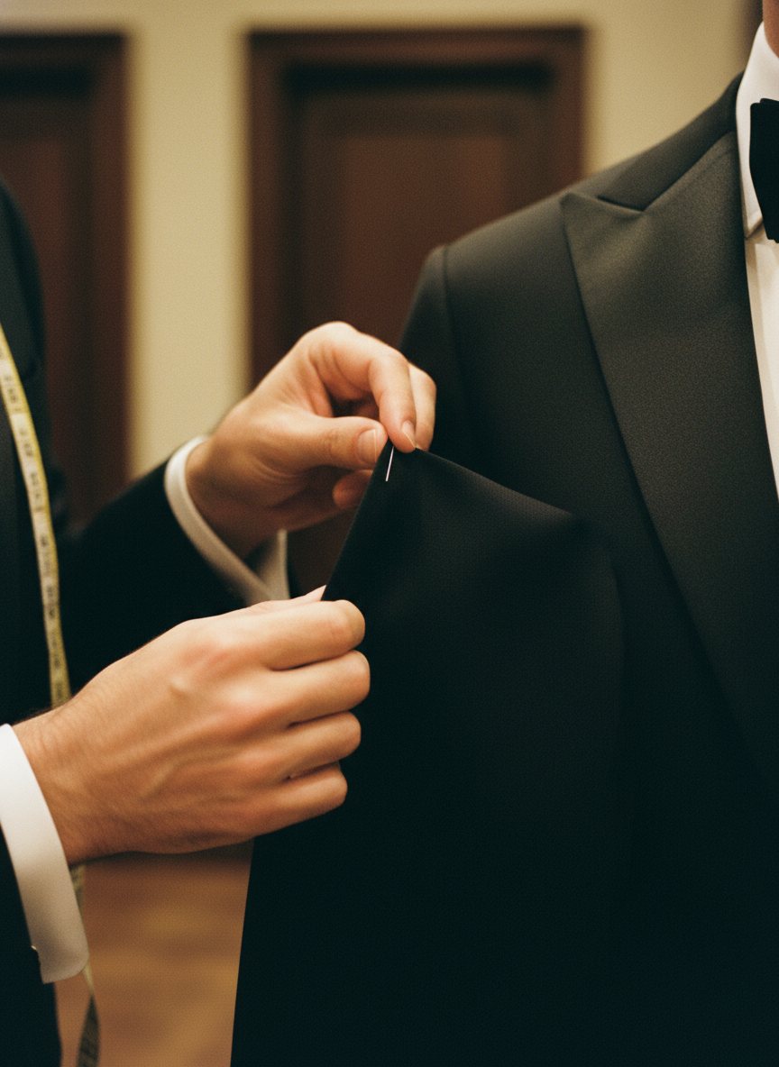 A tailor pinning the lapel of a tuxedo jacket during a fitting.