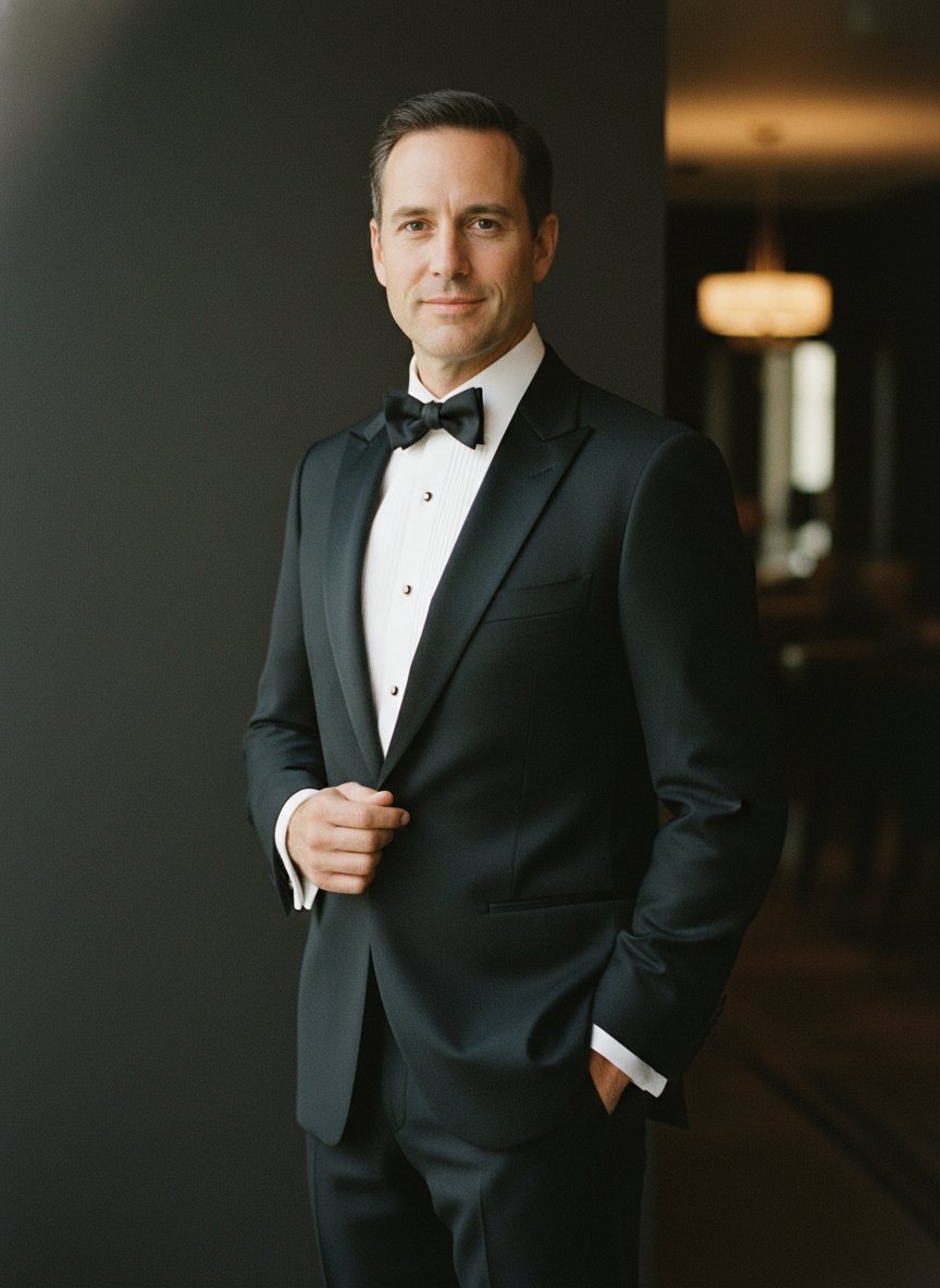 Classic black notch-lapel tuxedo.