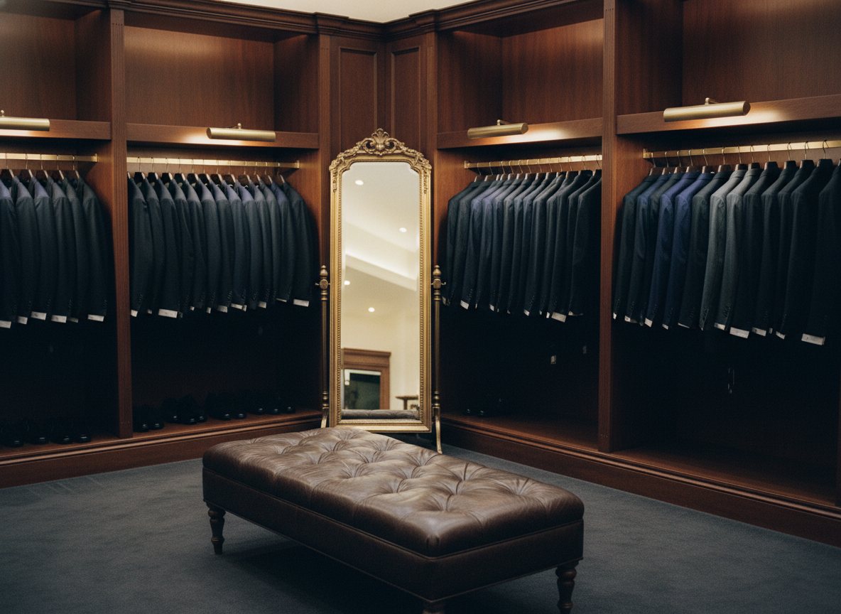 The Las Vegas Tux showroom — rows of tuxedos under warm light.